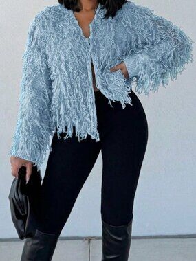 Baby Blue Casual Women's Fringe Cardigan